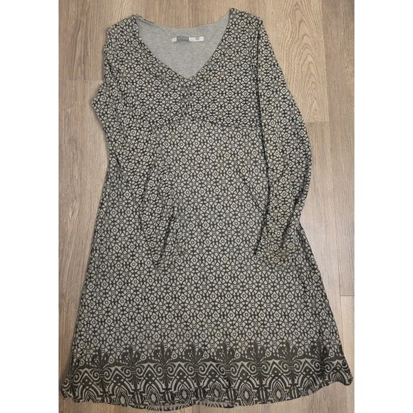 Athleta Womens Long Sleeve V Neck Dress Gray Geometric Ruched Size L - Picture 2 of 16